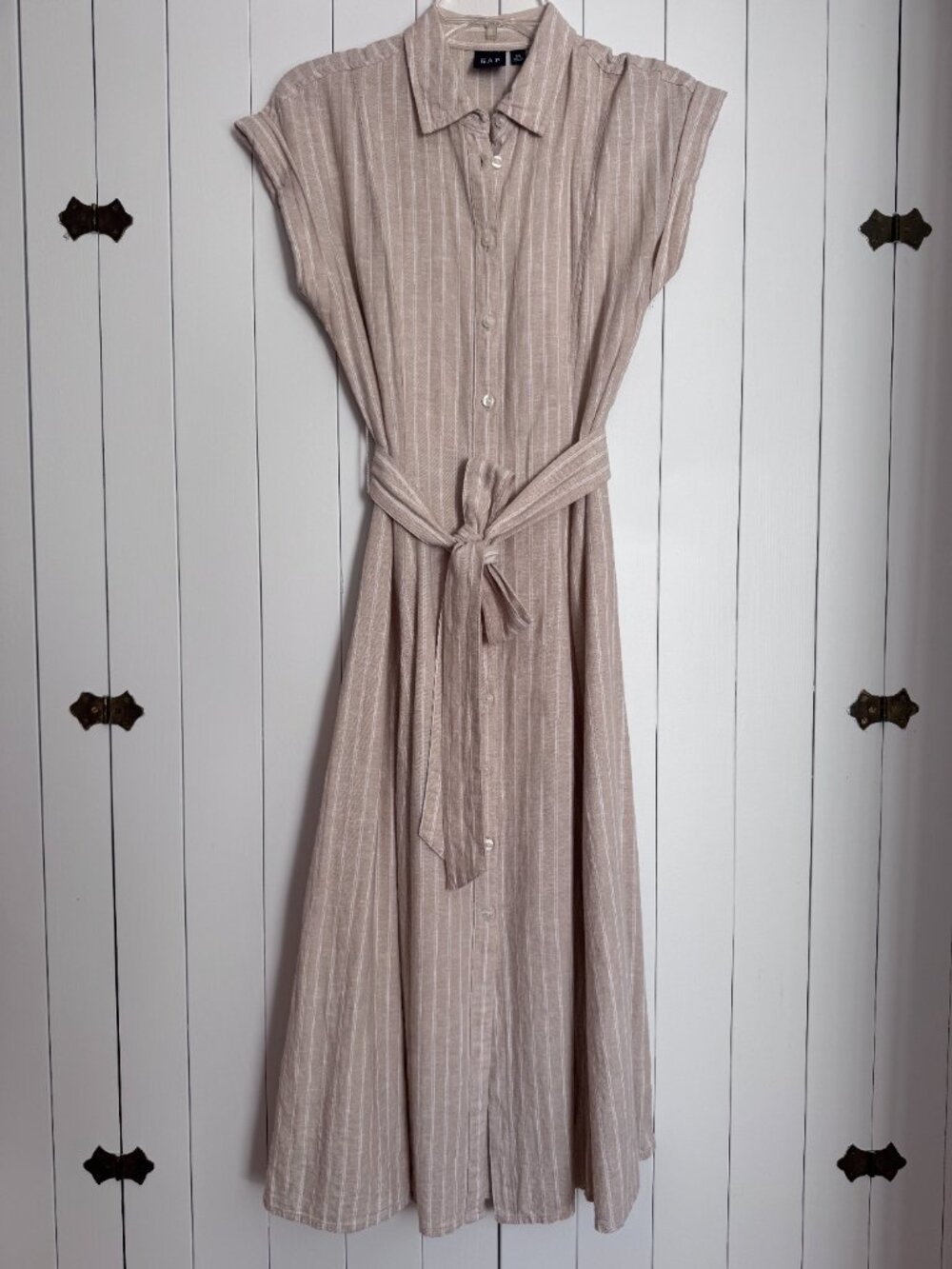 Gap linen blend midi shirt dress (XS, khaki tan stripe)